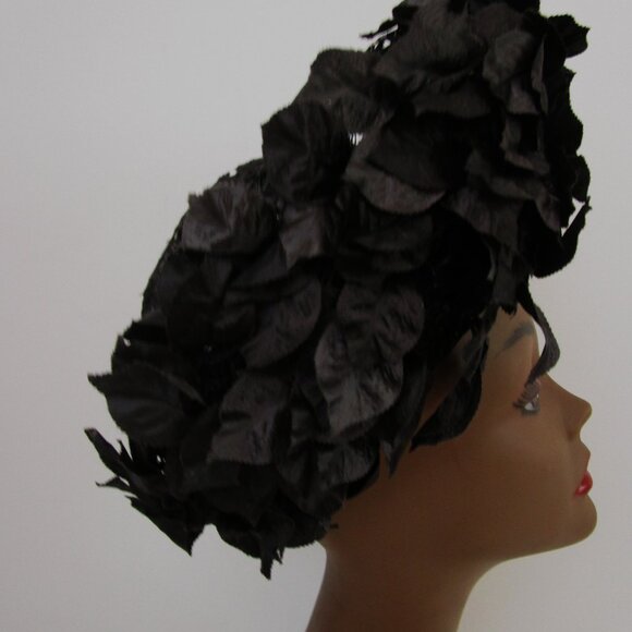 Tall Breton Hat Vintage Black Parasisal Straw Silk Leaves Church - Picture 4 of 10
